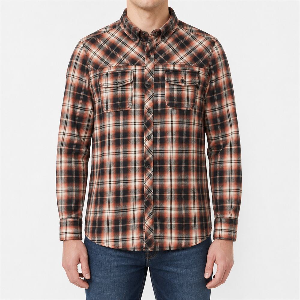 Carbon Shirt Mens L Red Black Plaid Flannel Long Sleeve Classic Fit Button-Up